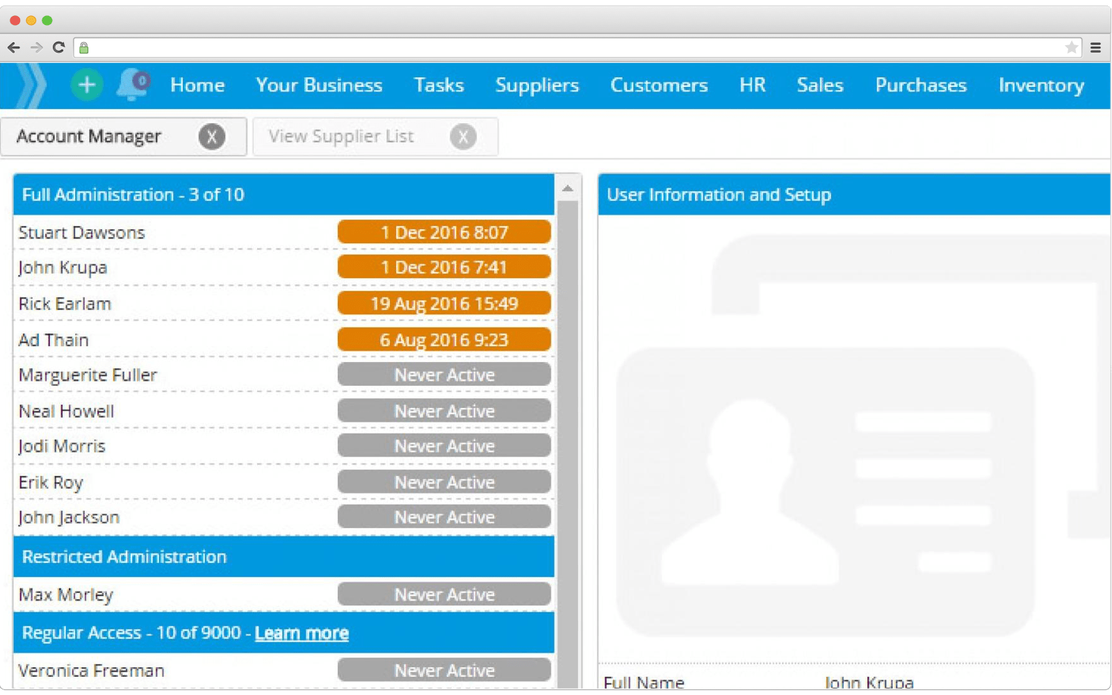 User profile management in ERP systems