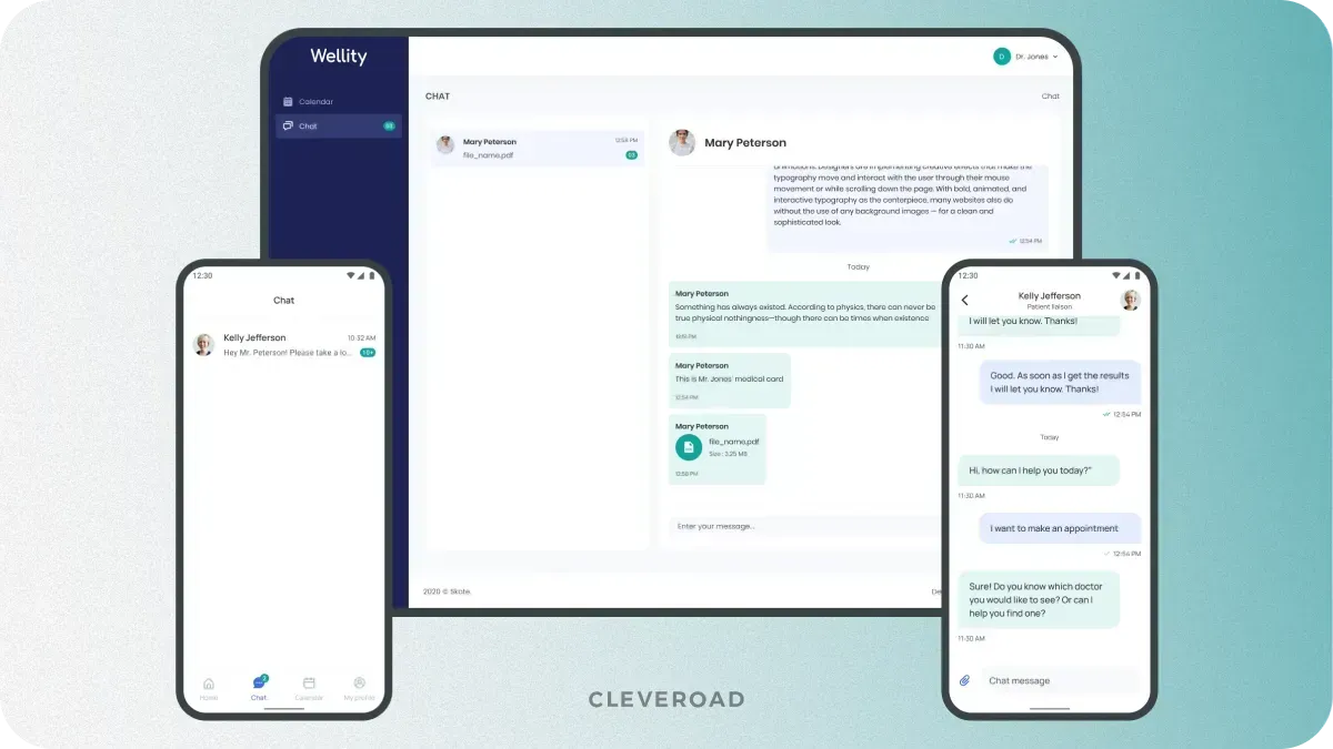 Chat module in healthcare apps feature example designed by the Cleveroad team