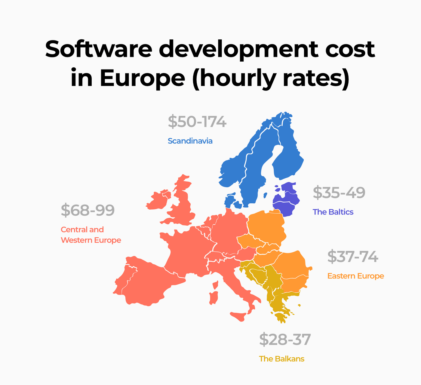 Software development cost in Europe on a map