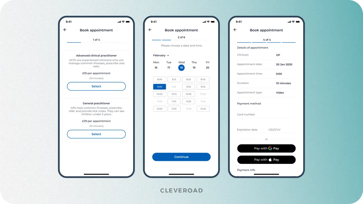 Appointment scheduling feature example designed by Cleveroad