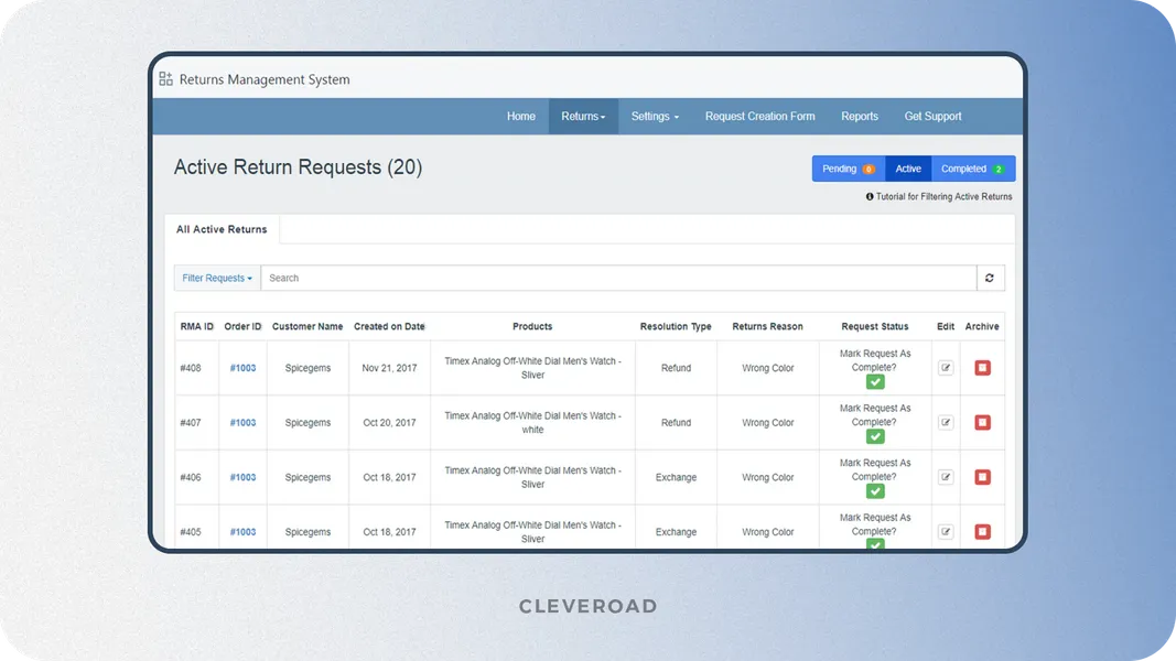 Returns management feature example
