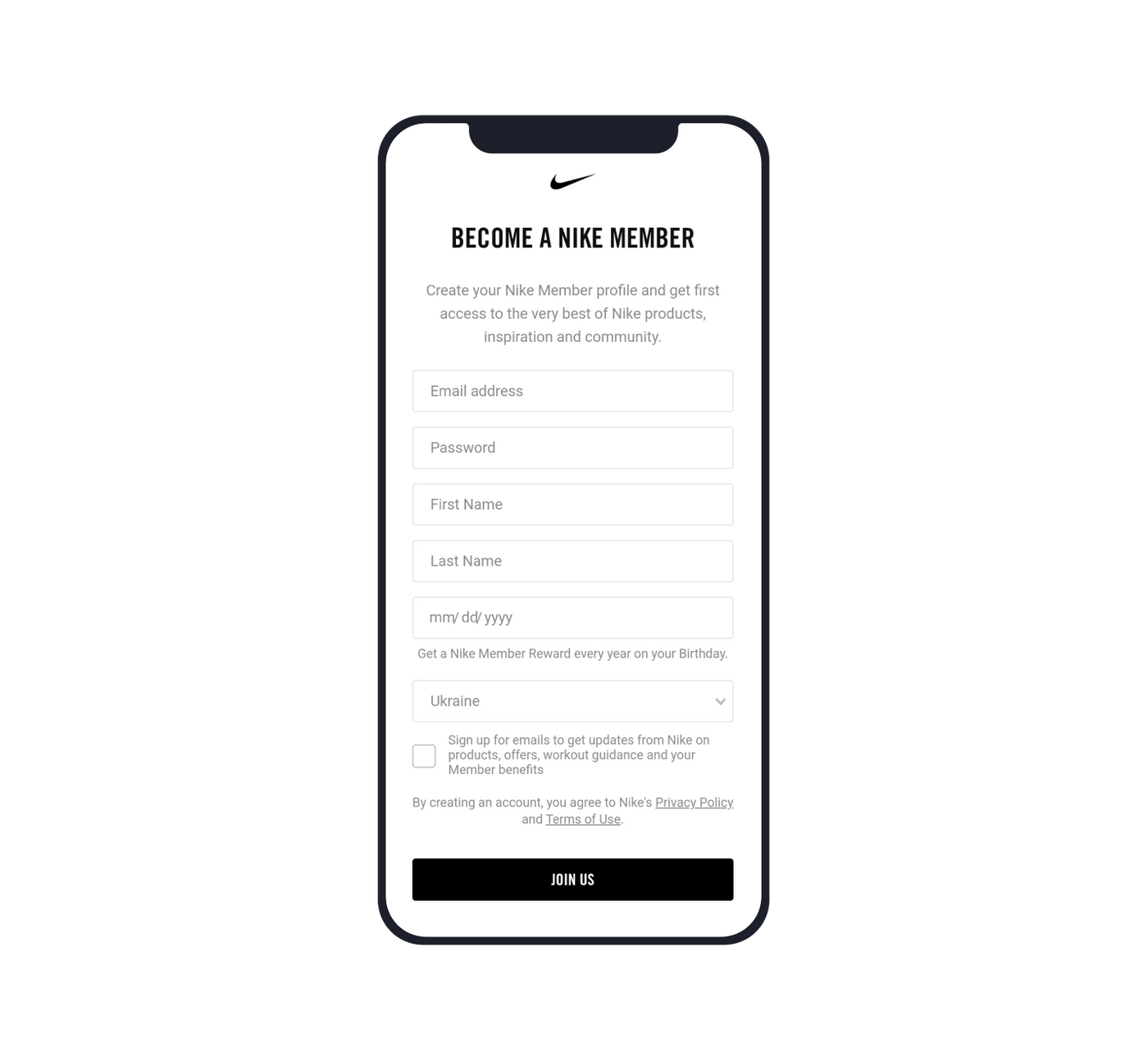 Fitness app registration screen