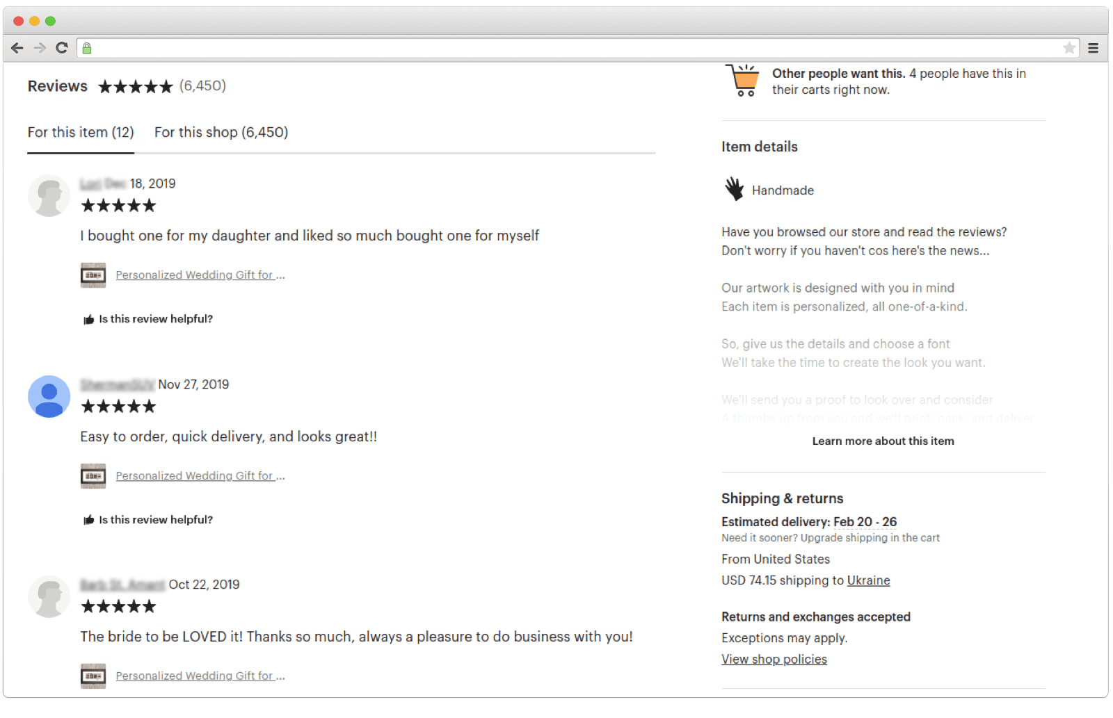 User reviews section on Etsy