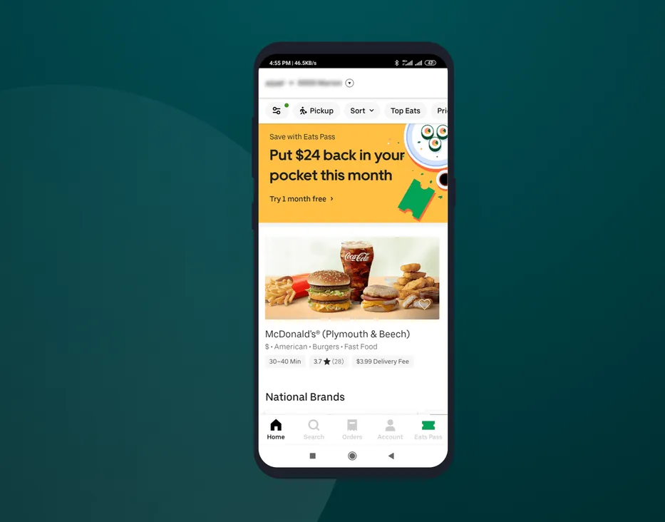Homescreen of Uber Eats