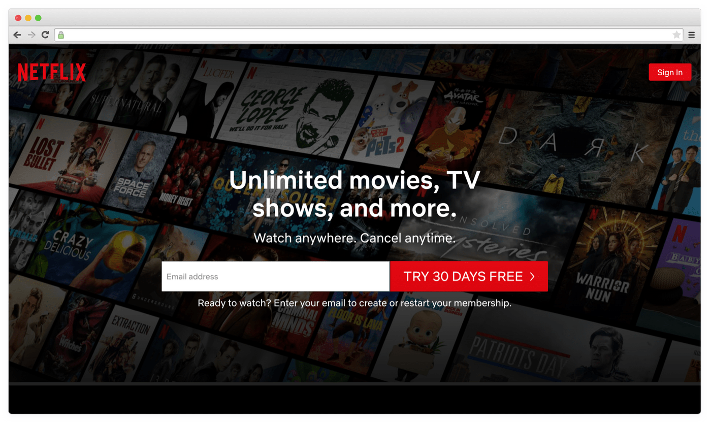 Netflix starting page in the US