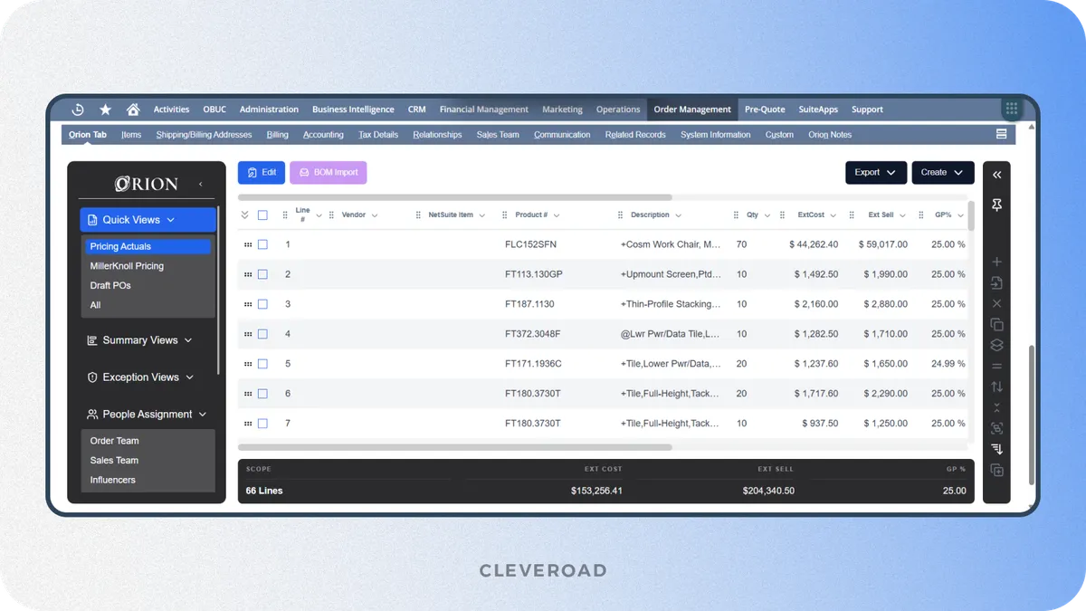 Orion platform dashboard showing the NetSuite SuiteApp in action