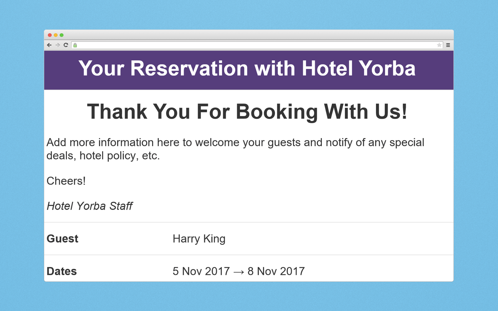 Booking confirmation example