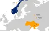 Ukraine and Norway on a world map showing the time difference between countries