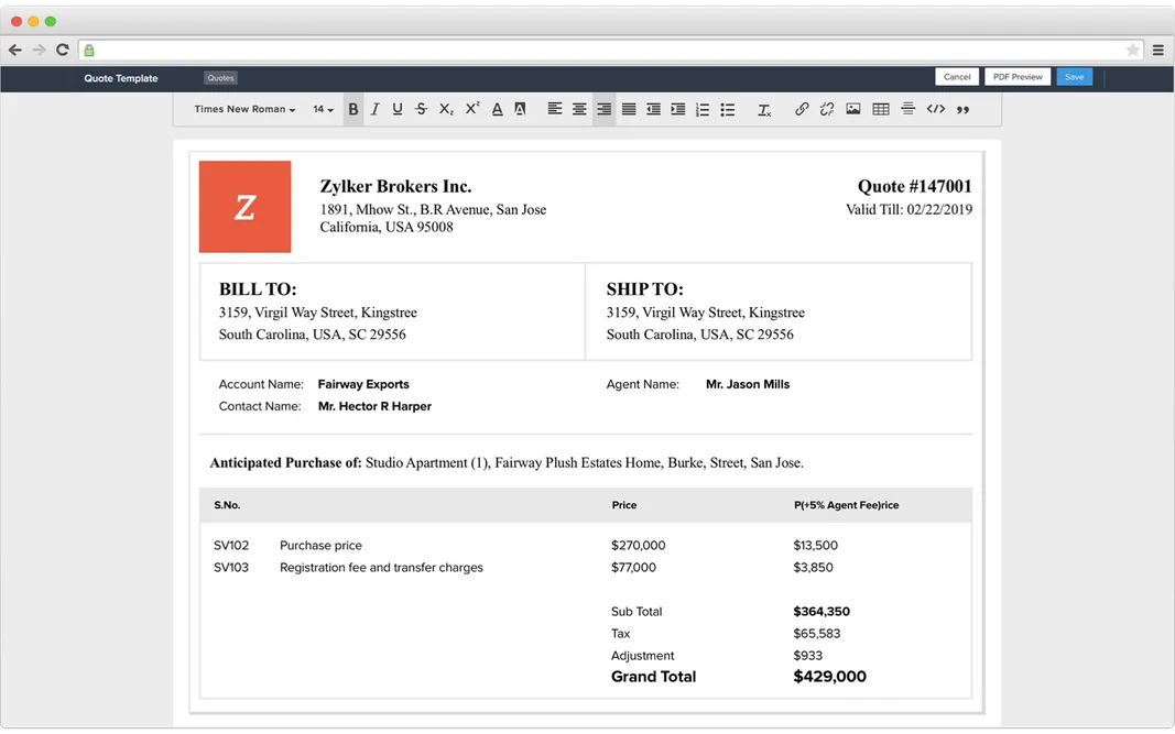Quote interface in Zoho CRM for real estate