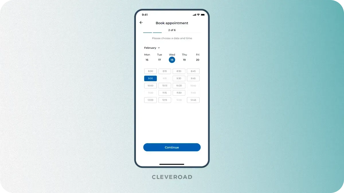 Appointment booking feature example designed by the Cleveroad team
