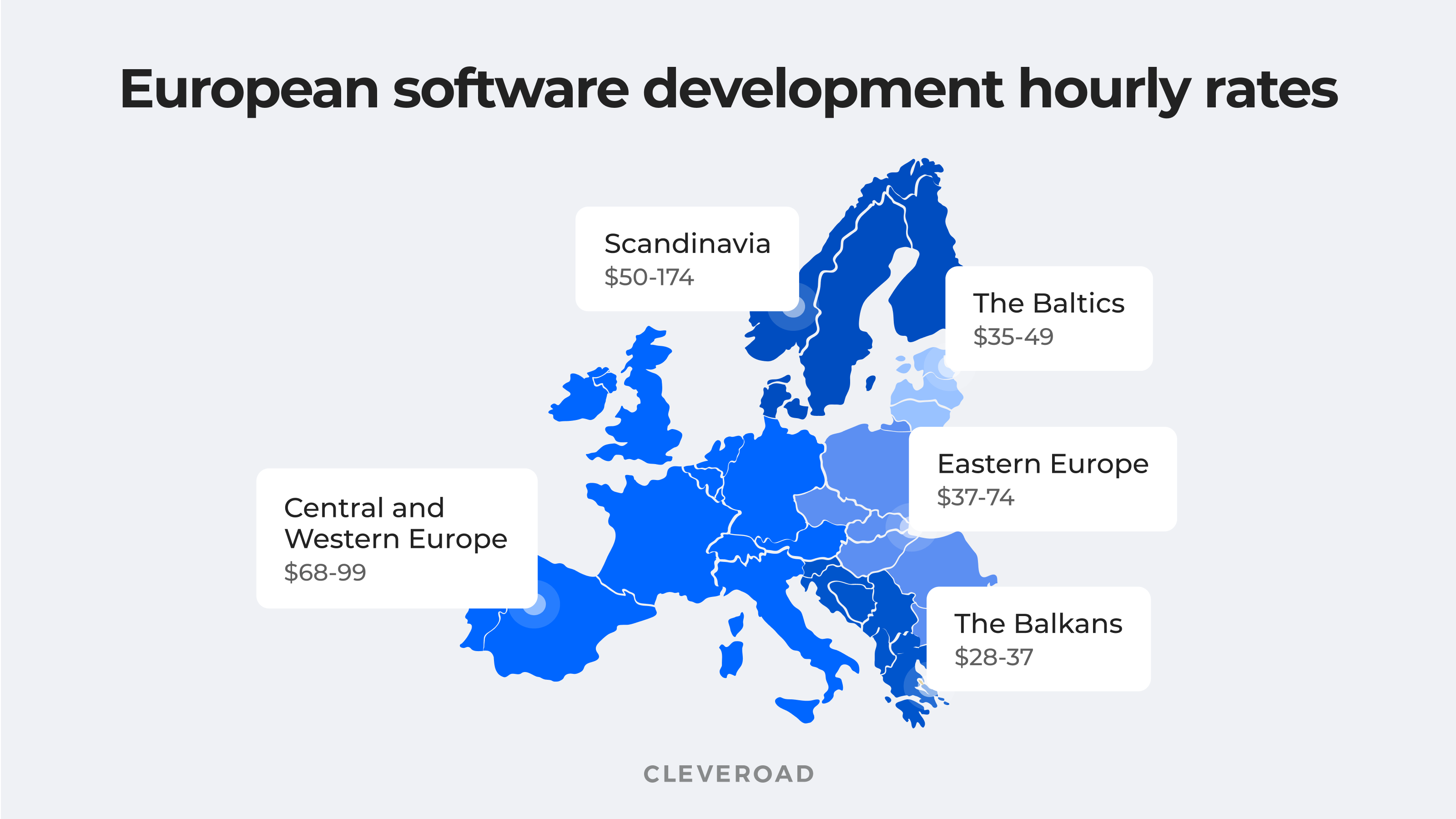 Software development cost in Europe on a map