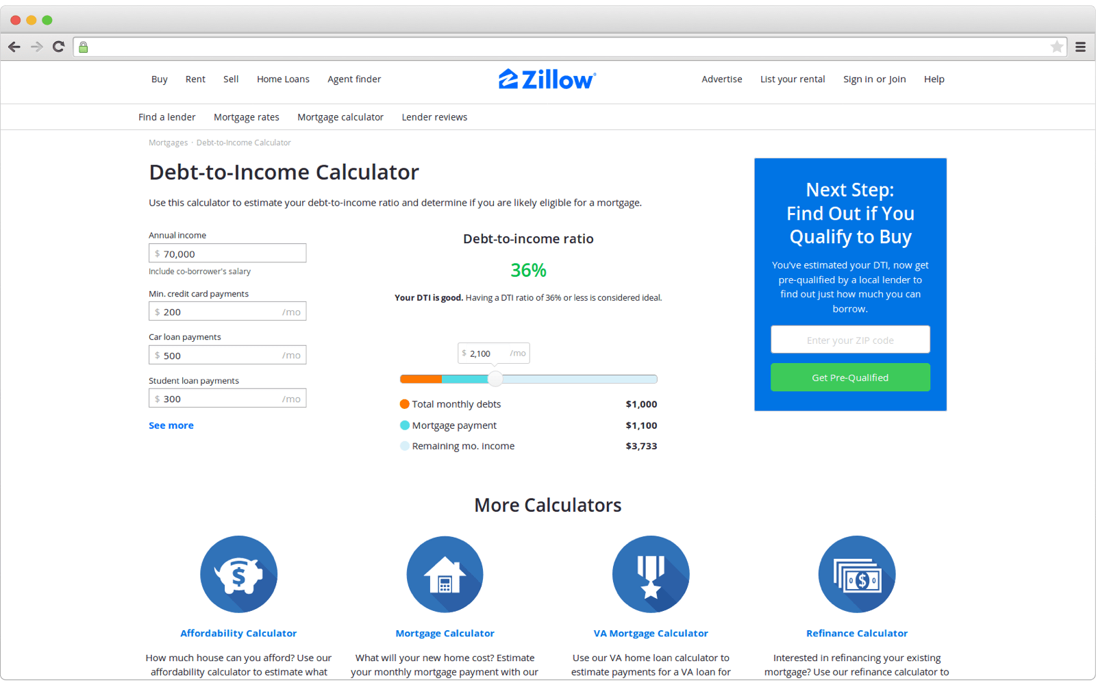 Example of debt-to-income real estate calculator
