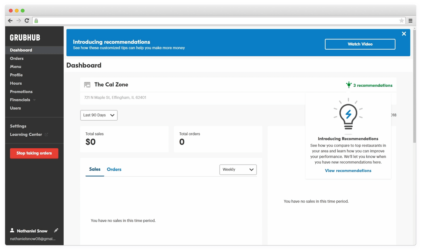 GrubHub for Restaurants interface