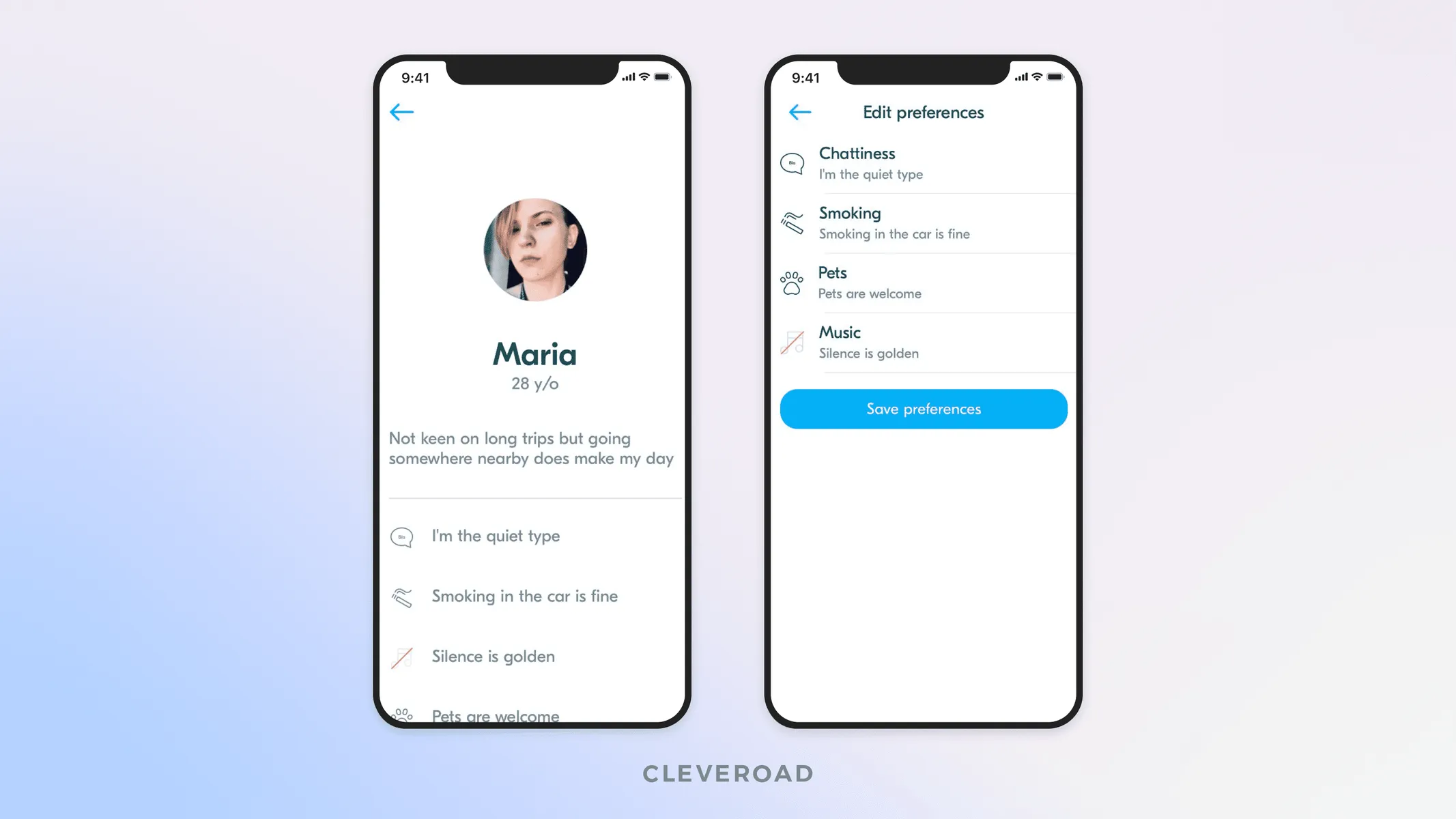 Ride sharing app profiles and preferences