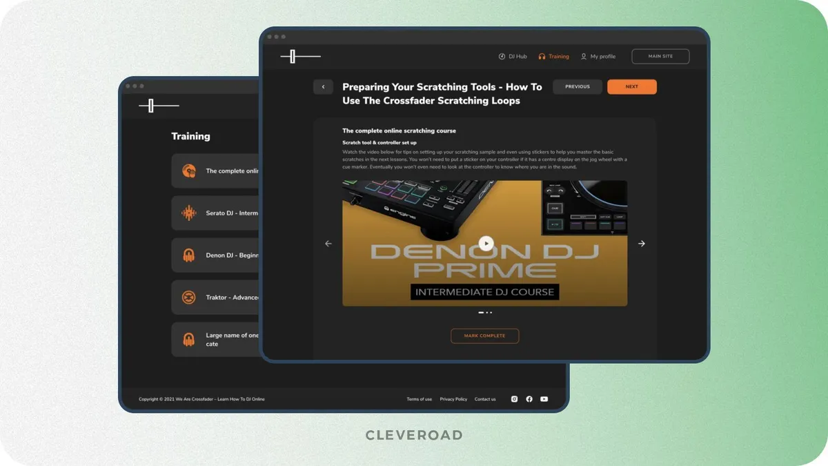 Crossfader DJ education platform interface built by Cleveroad