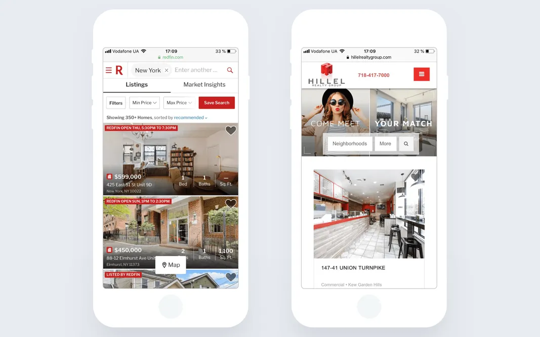 Interface of responsive real estate websites