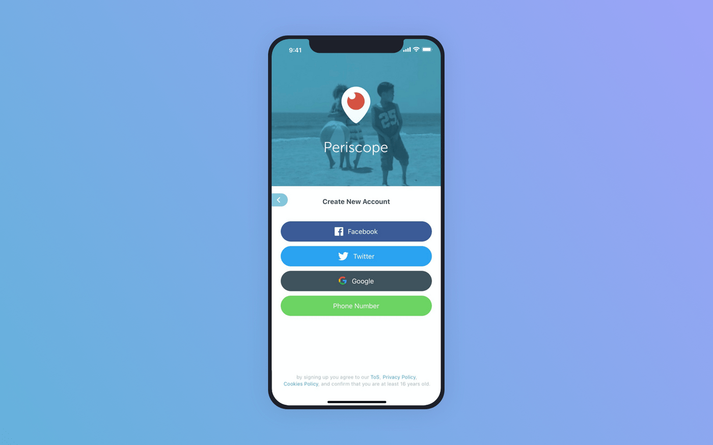 Signup options in Periscope