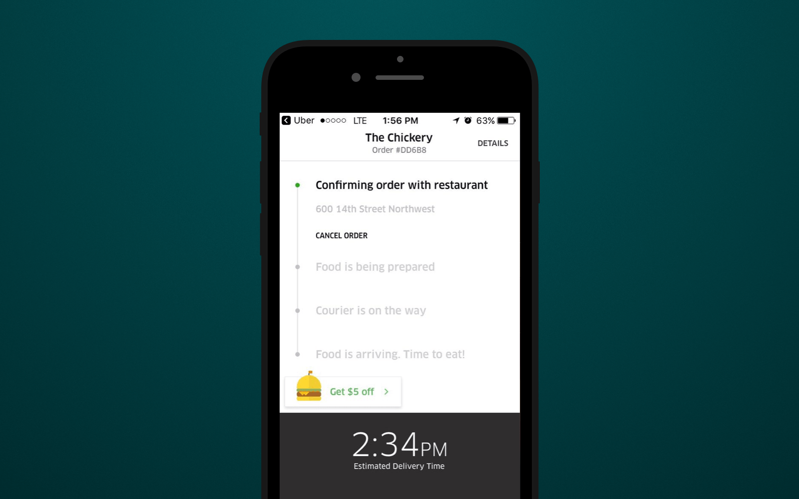 UberEats app shows customers when the order will be delivered