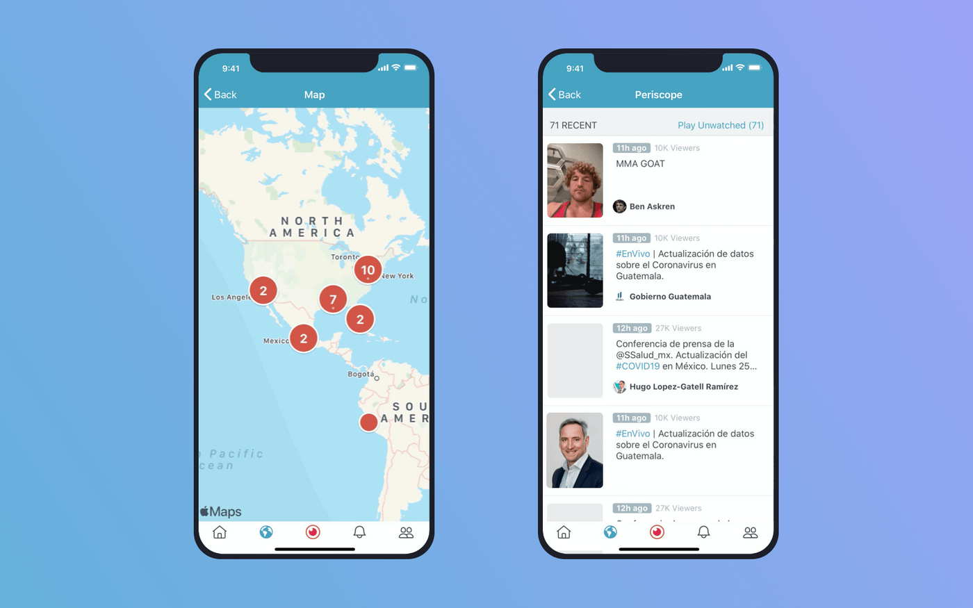 Screens with a list of broadcasts in Periscope