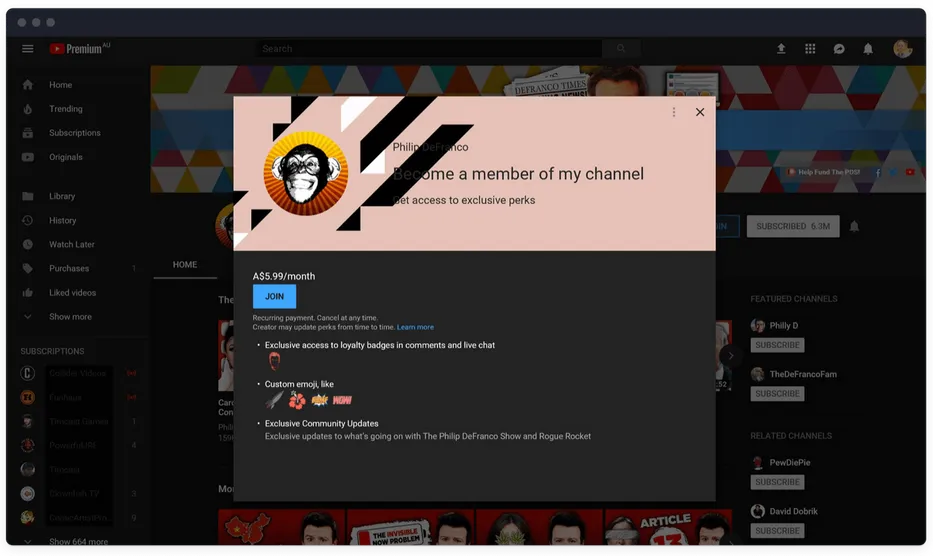 YouTube's paid subscription to creators interface