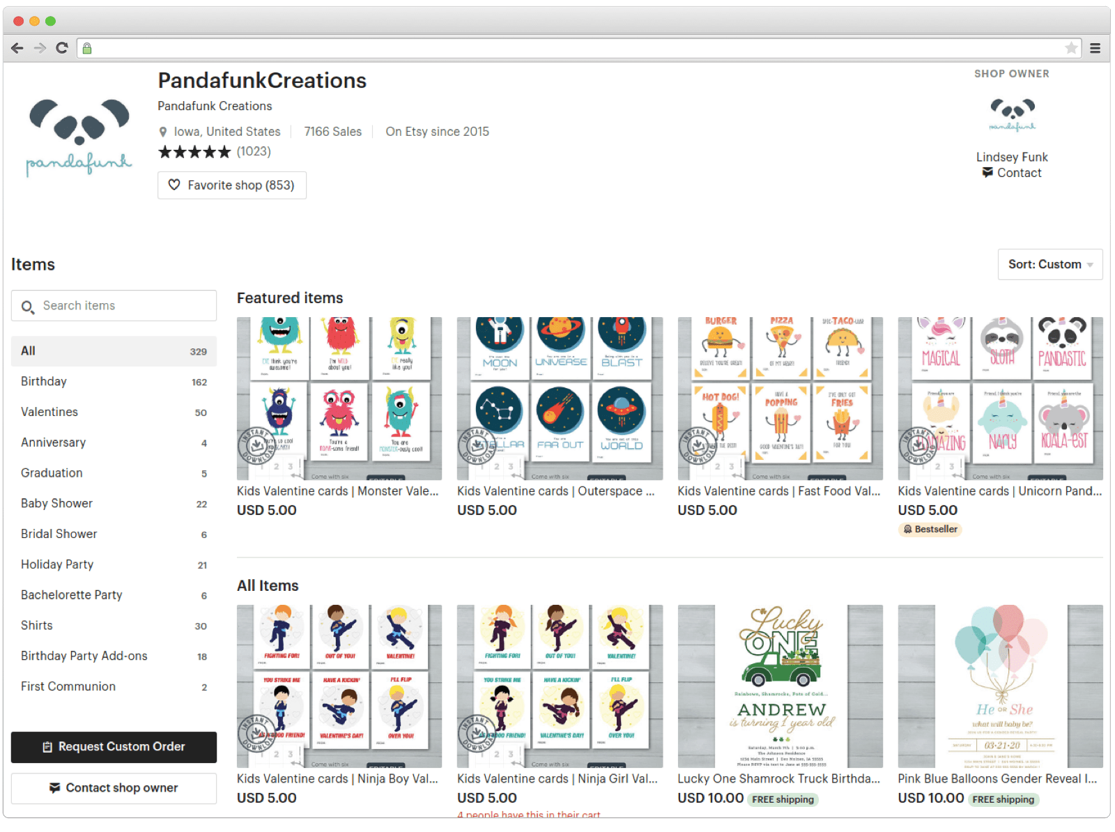 Sellers' page on Etsy