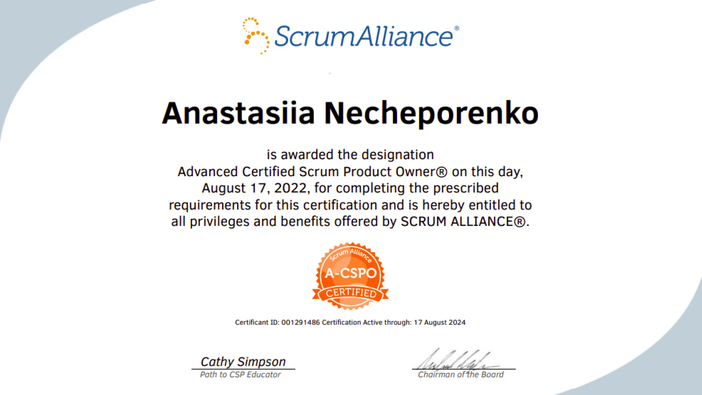 A-CSPO certificate of Cleveroad’s BA Anastasiia Necheporenko