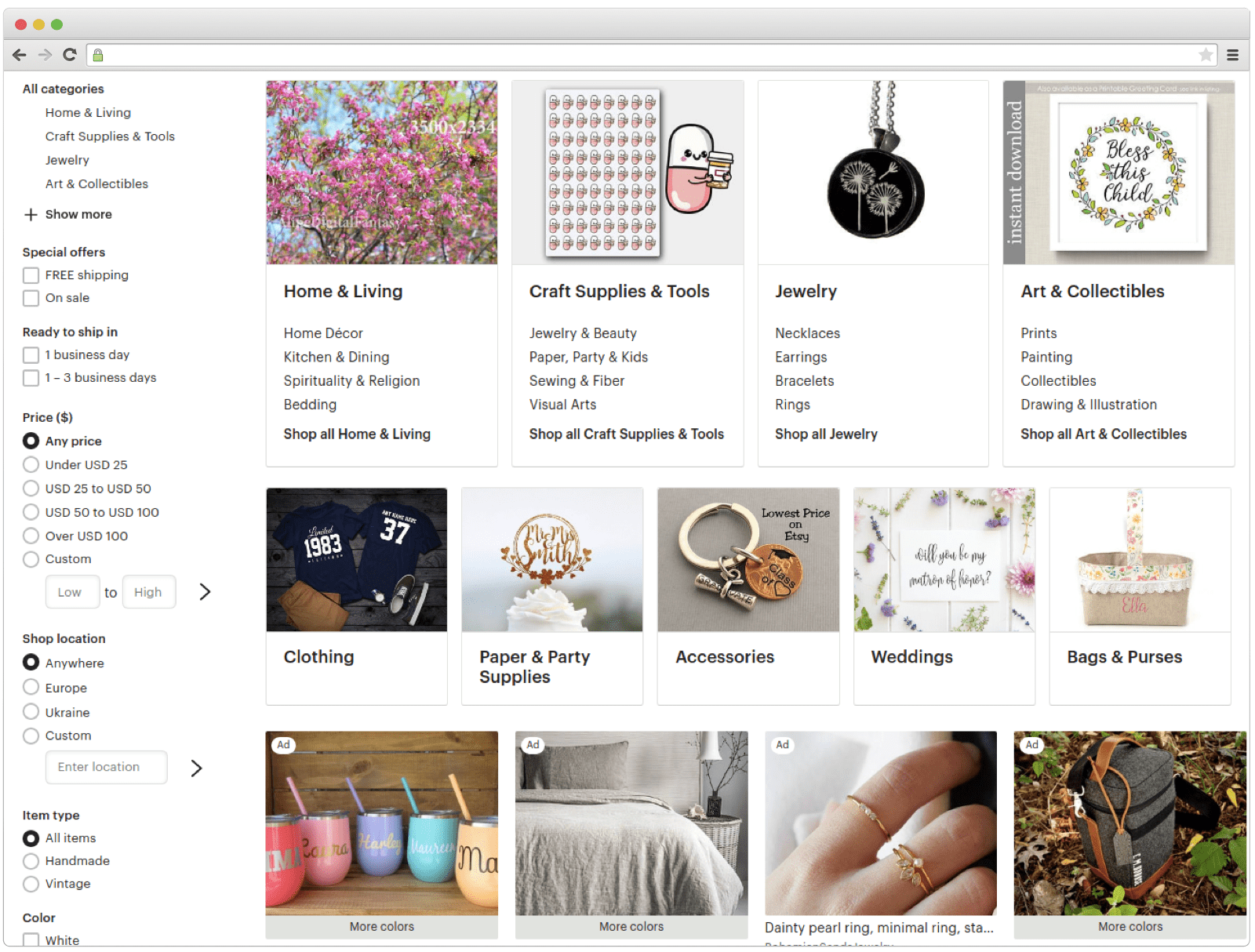 Filtering system on Etsy