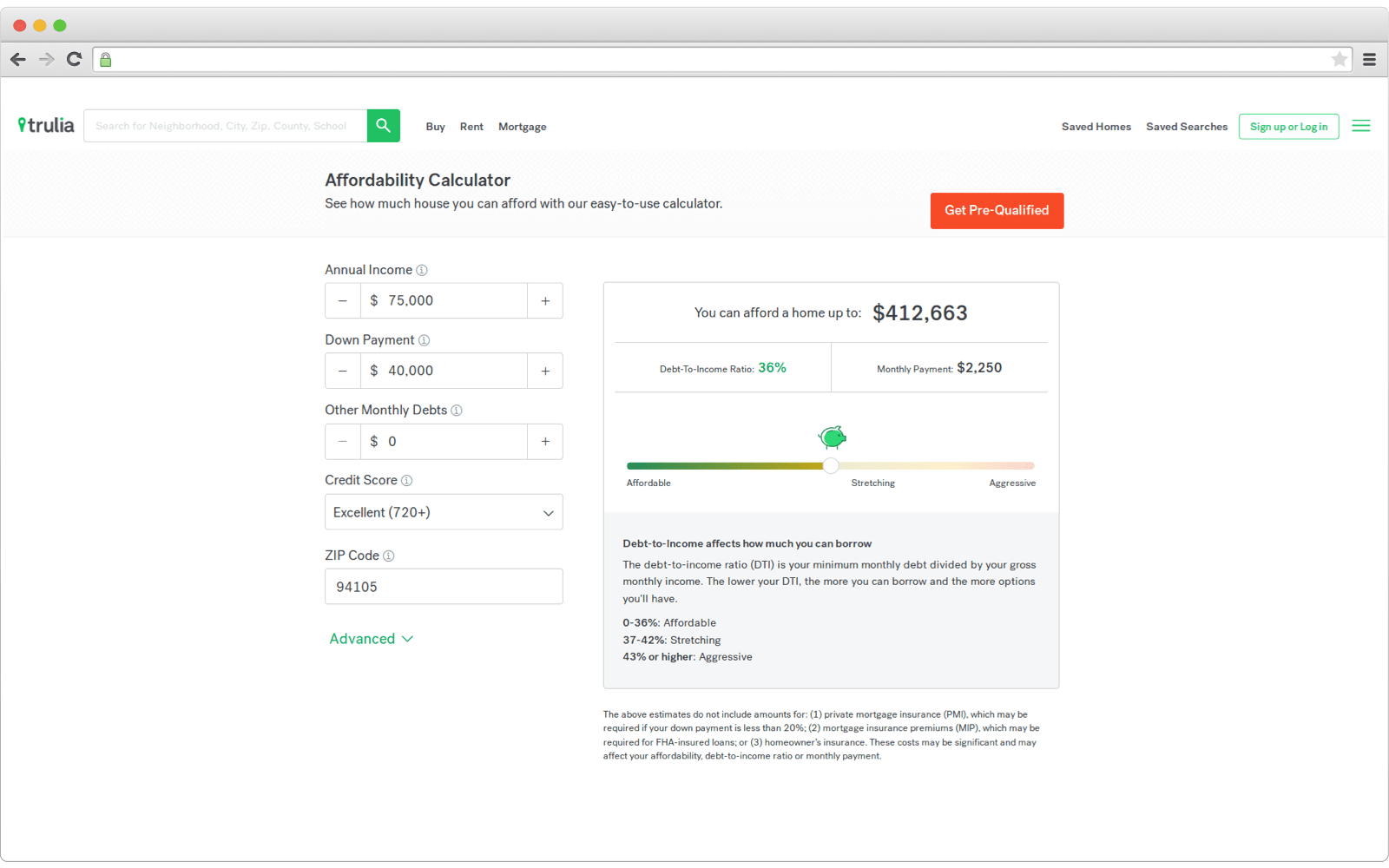 Example of affordability calculator and it's intefrace