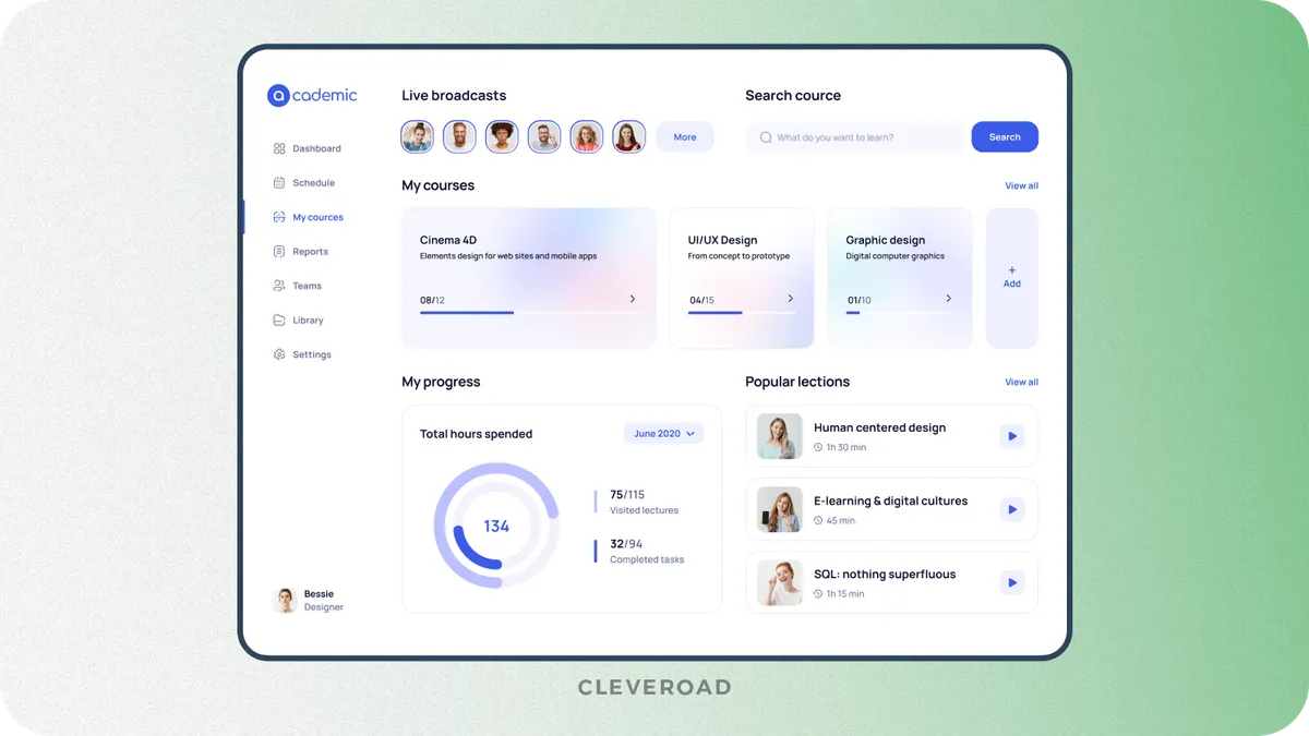 Administration dashboard for a distance learning courses website module showing course management