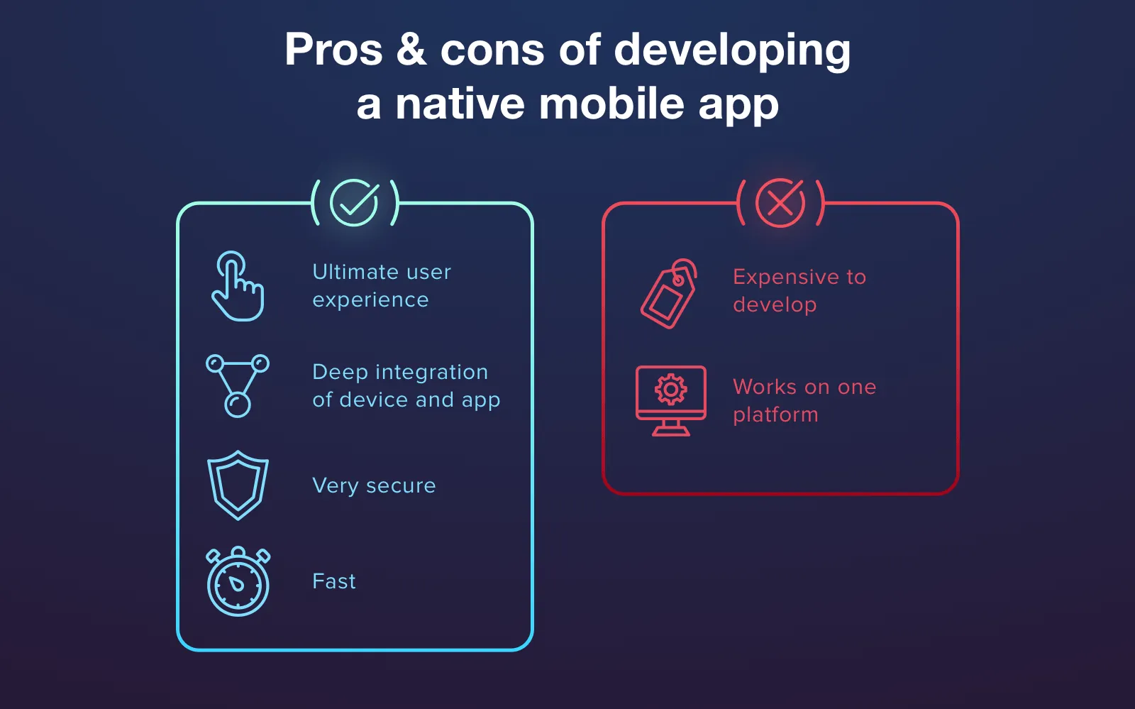 Advantages and disadvantages of native app development approach and mobile app stack for it