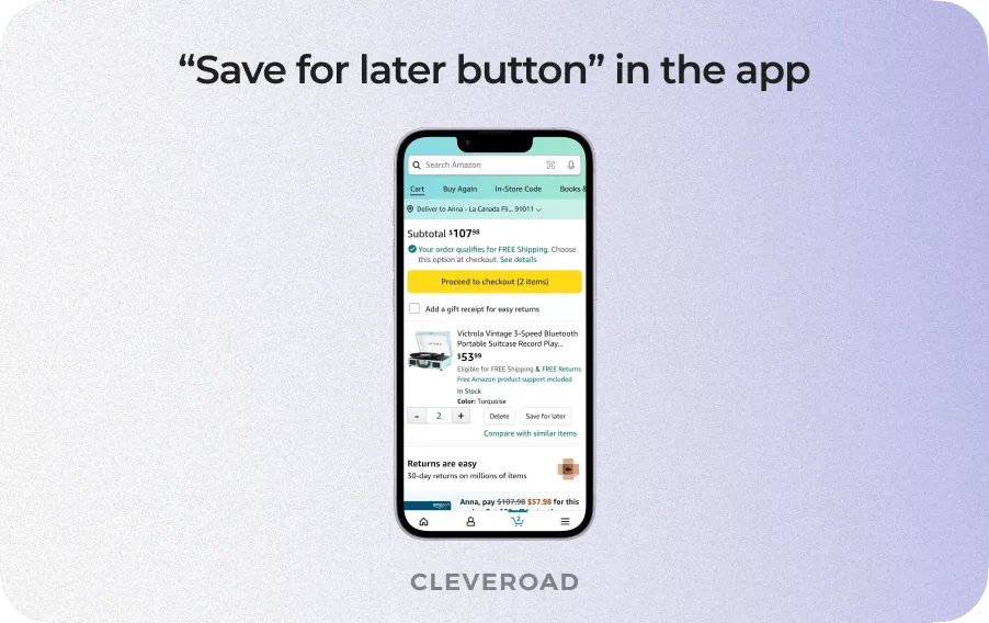 Best ecommerce mobile app design tips: "save for later" button