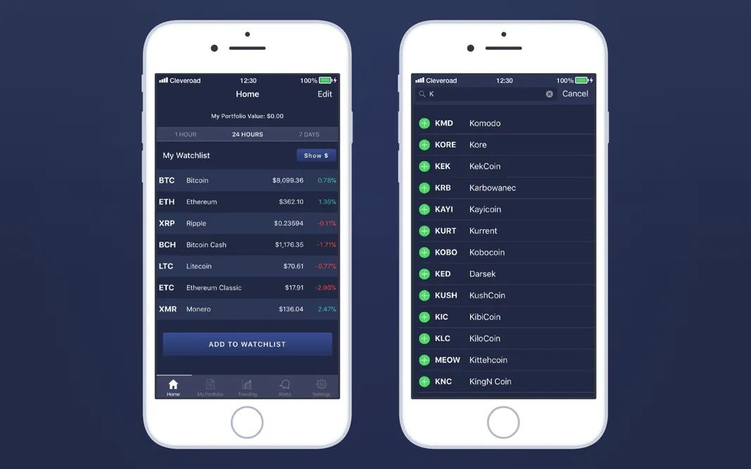 Cleveroad case study: cryptoTickr home screen