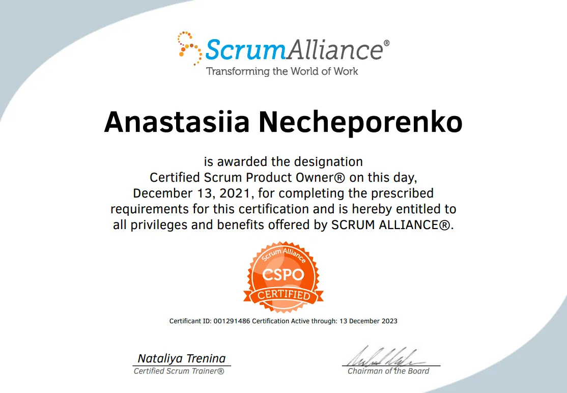 CSPO certification — Anastasiia Necheporenko