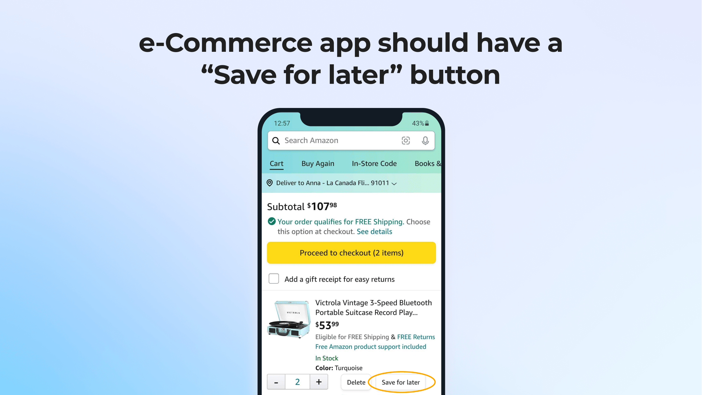 Best ecommerce mobile app design tips: "save for later" button