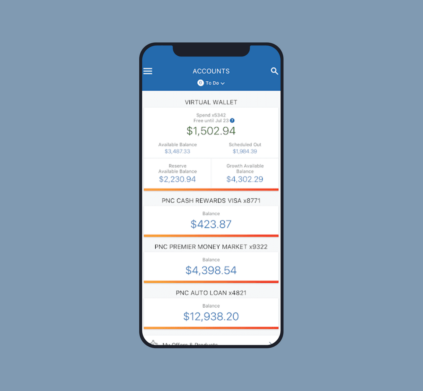 PNC mobile app account management screen. 