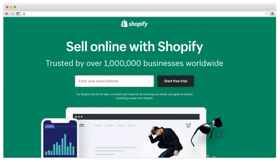 Example of a simple landing page, Shopify