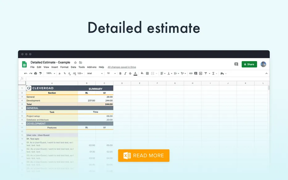 Detailed estimate PDF example by Cleveroad