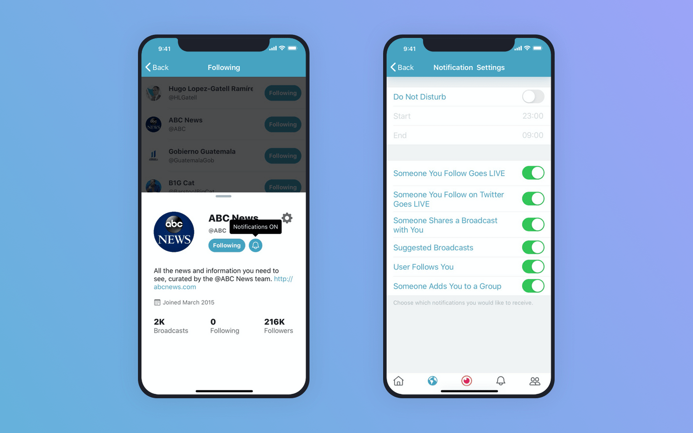 Push notifications and their settings in Periscope