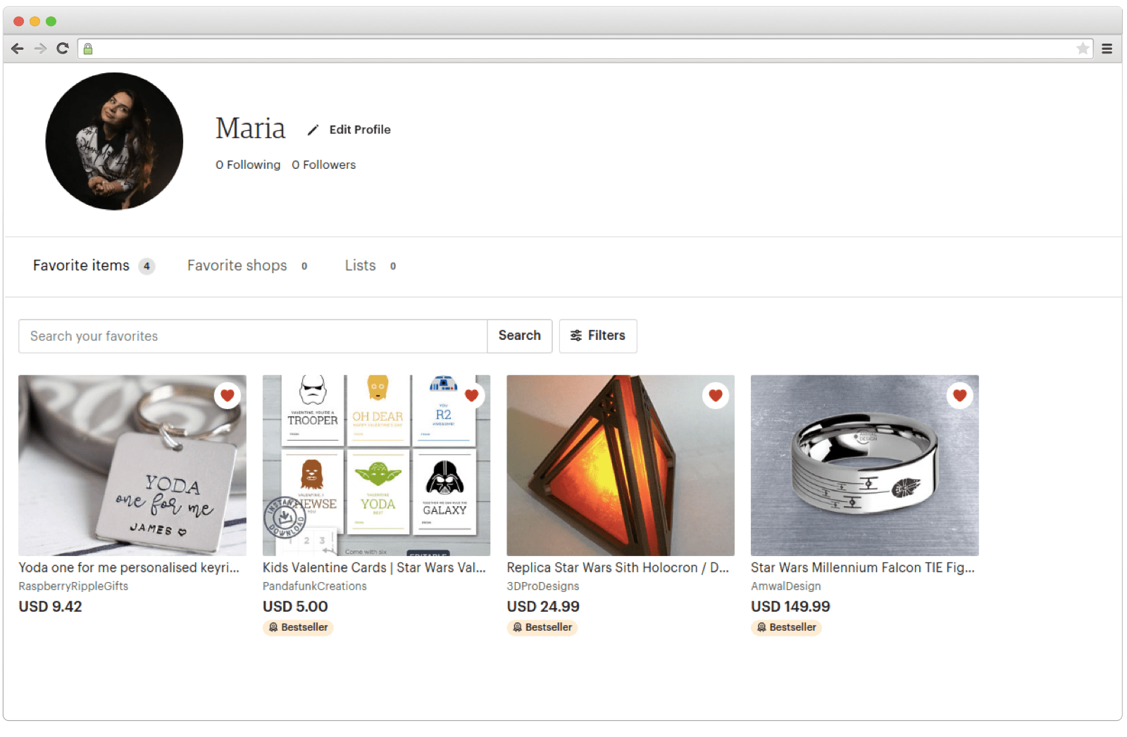 User profile on Etsy