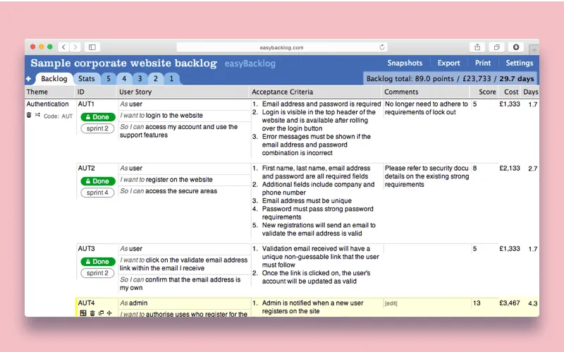 EasyBacklog Agile tool