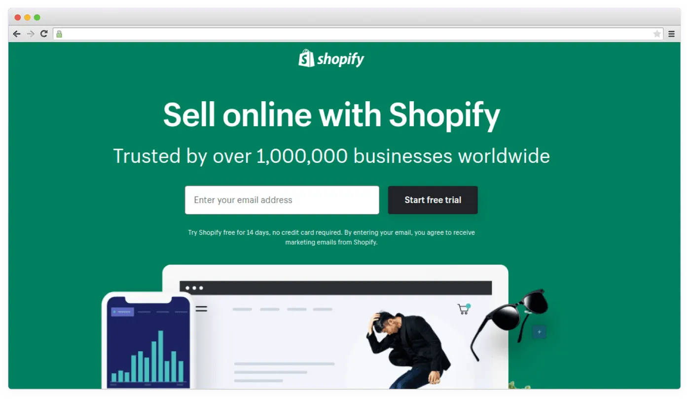 Example of a simple landing page, Shopify