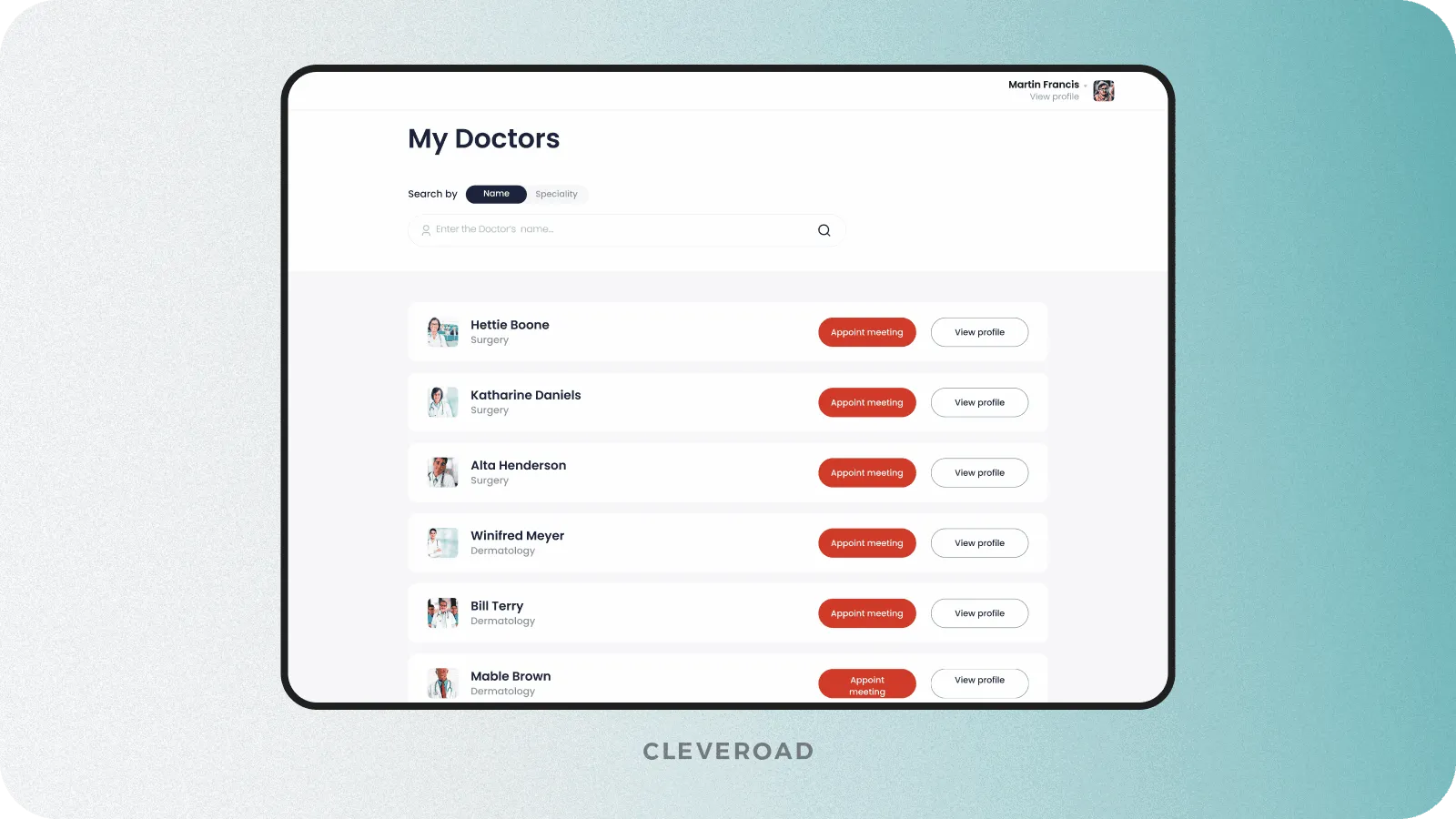Example of a telemedicine app for making appointments made by Cleveroad