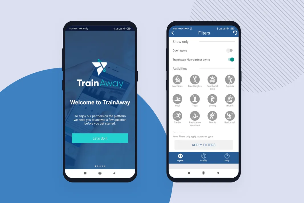 Home page and filters in TrainAway application