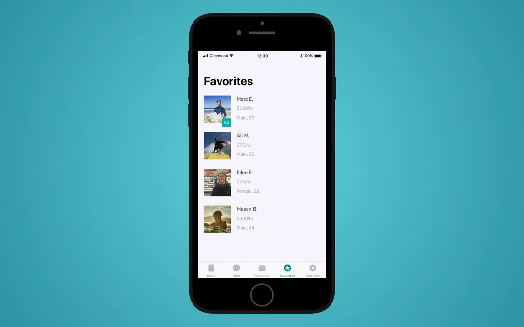 Favorites screen in LetsSurf mobile application