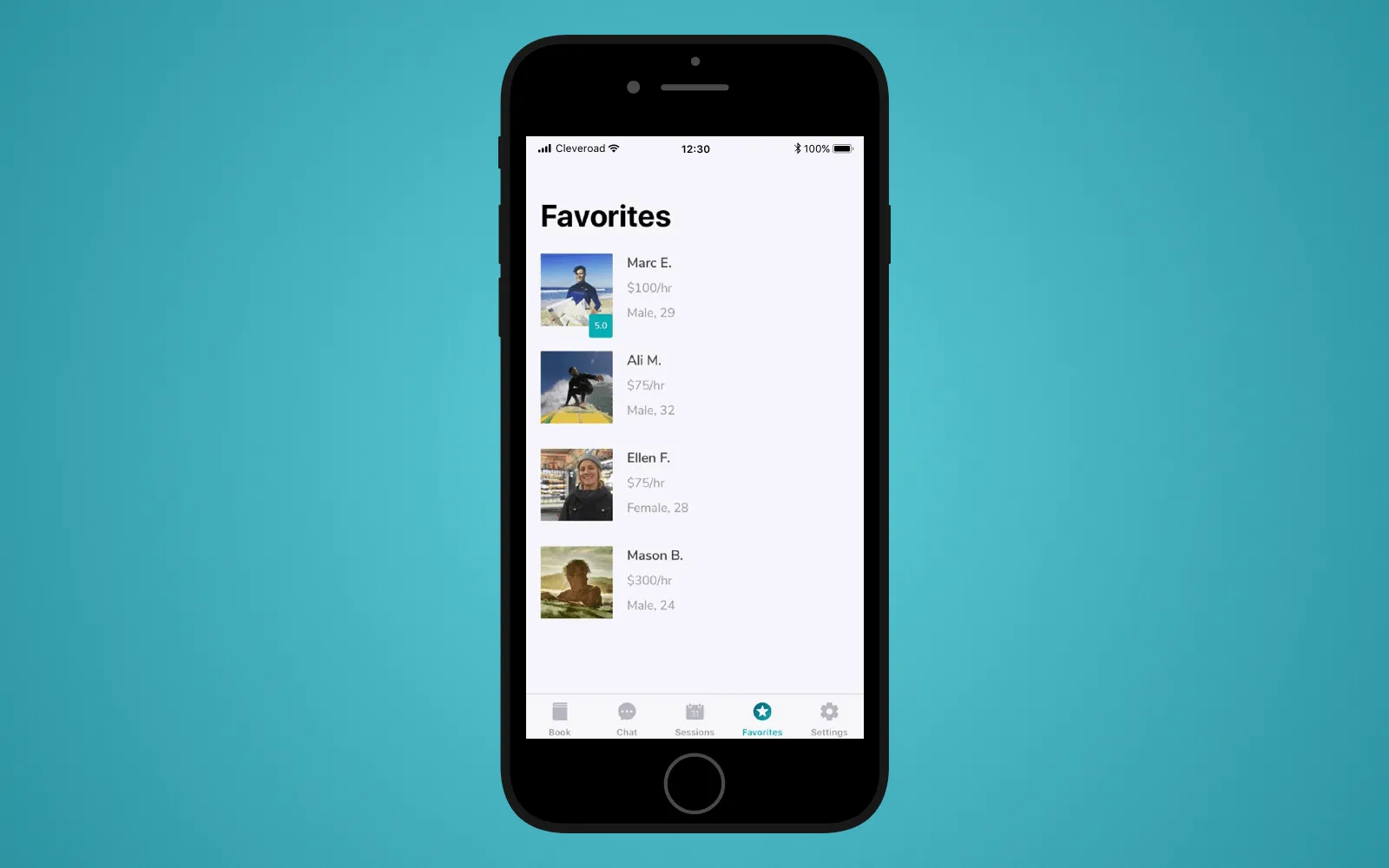 Favorites screen in LetsSurf mobile application