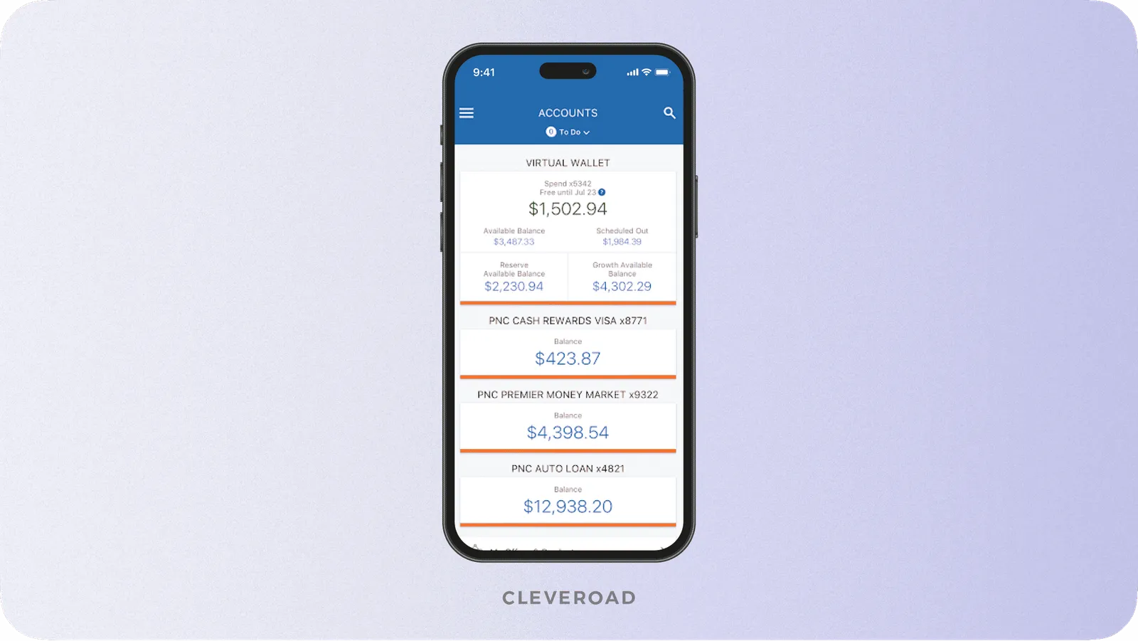 PNC mobile app account management screen.