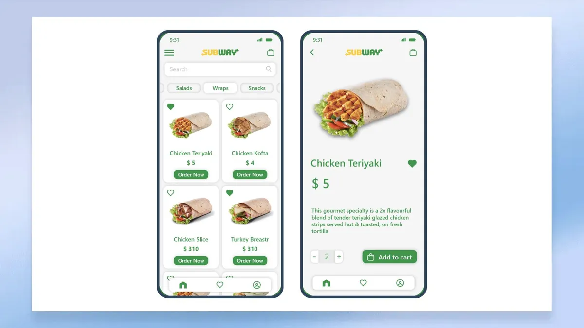 Food applications: Subways app interface