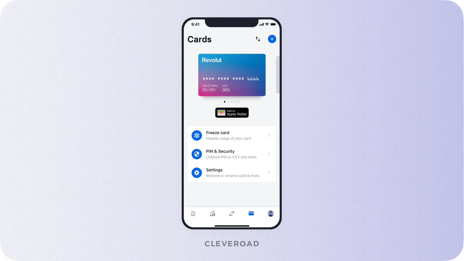 How added cards look like in Revolut app