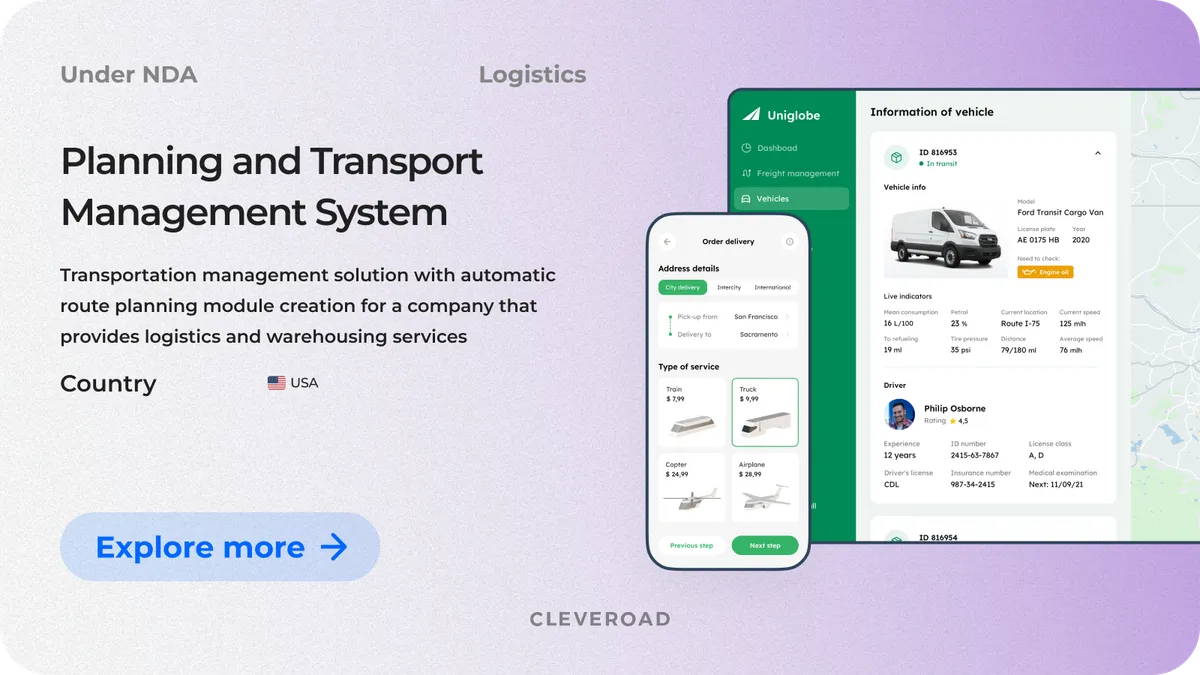 Interface view of a Cleveroad-built Transportation Management System with shipment monitoring tools