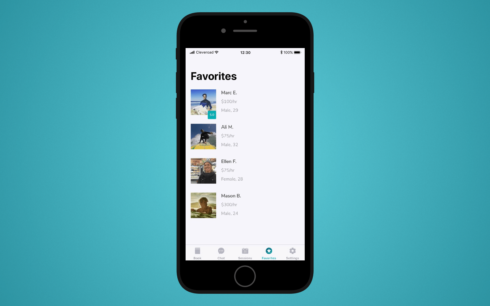 Favorites screen in LetsSurf mobile application